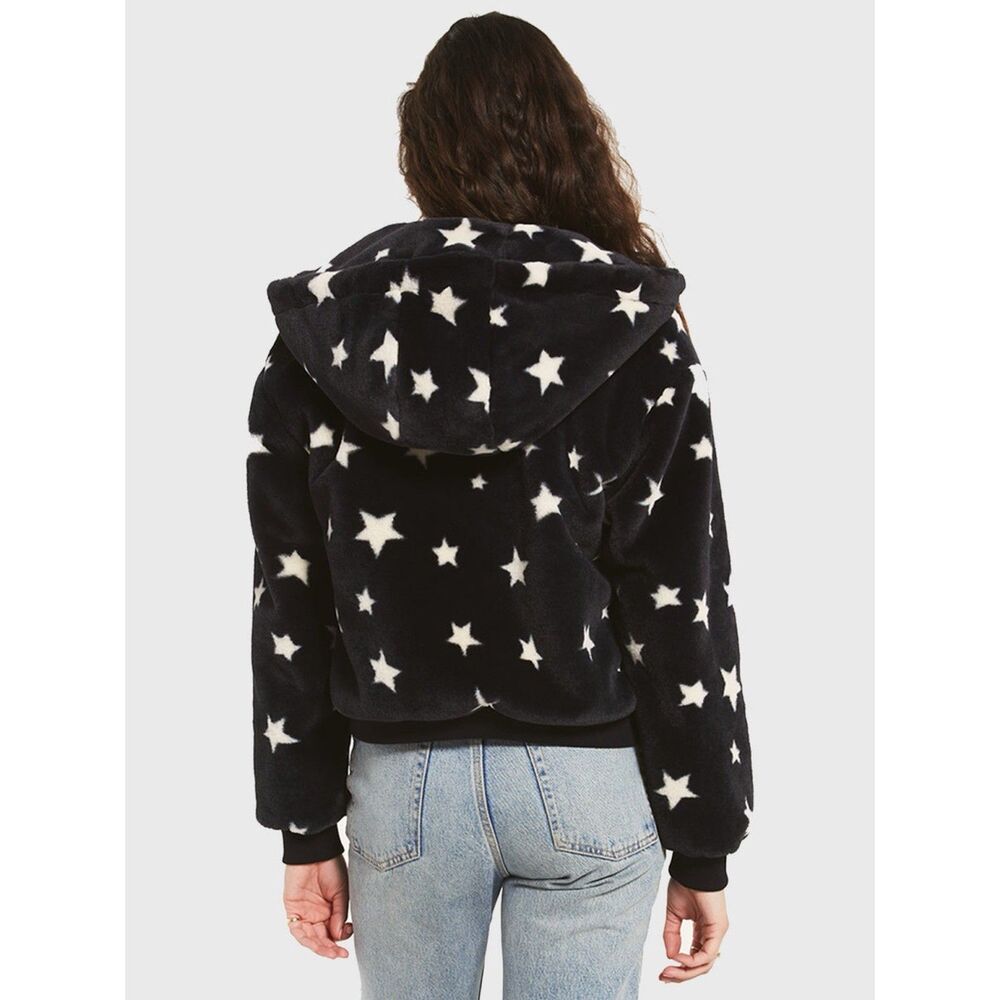 Z Supply London Star Bomber Jacket Faux Fur Hooded Zip Up Womens S Navy White - Picture 3 of 13